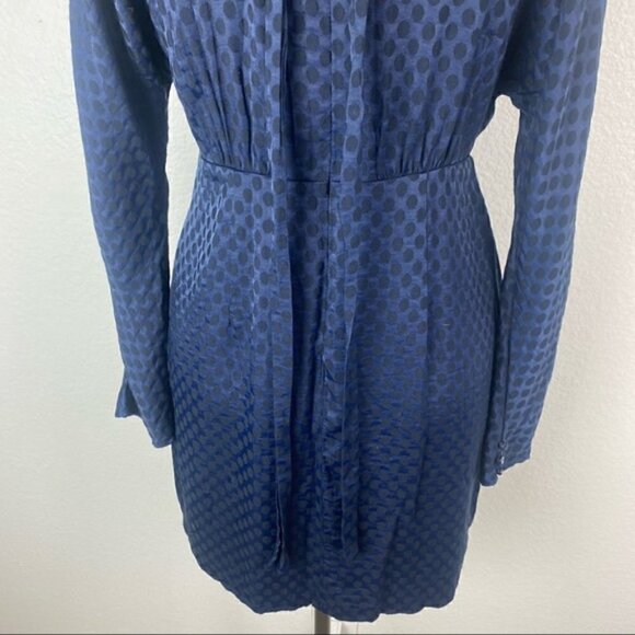 Zara Mini Dress S Satin High Mock Neck Tie Polka Dot Long Sleeve Navy Blue Black - Picture 9 of 15